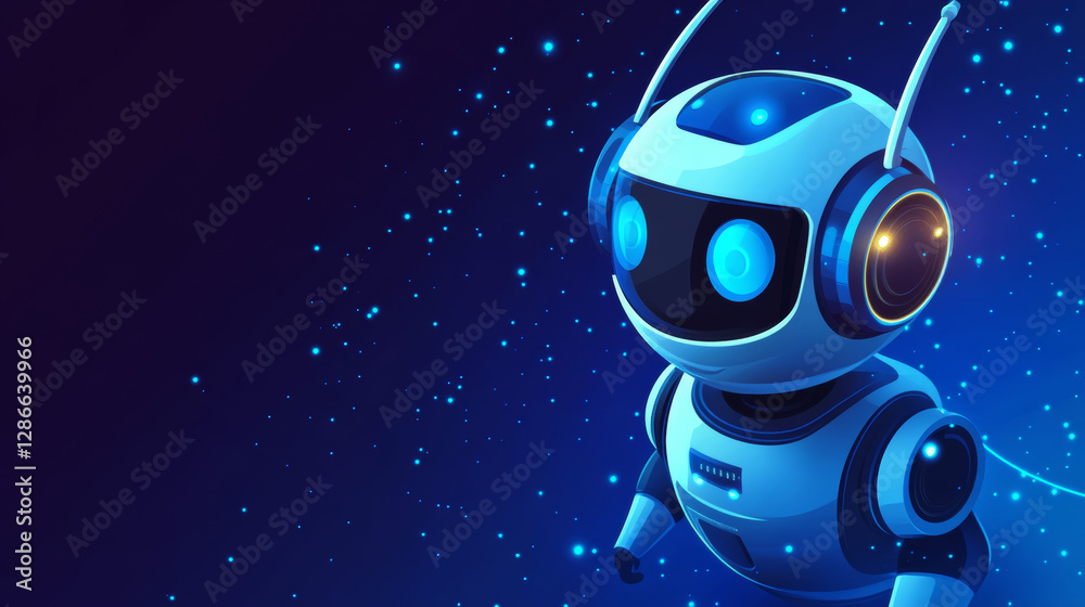 Poster robot in isometric style on blue background. vector flat service support chat bot. cartoon android w