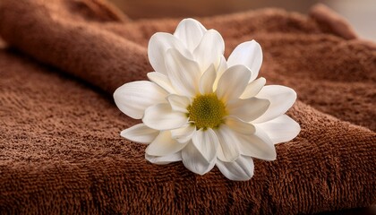 Close up of white flower on brown towel
