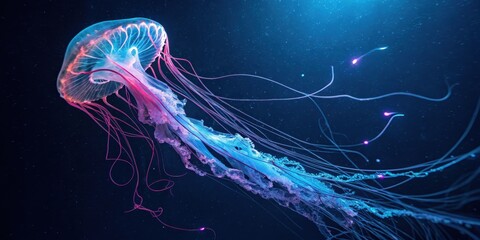 Bioluminescent Jellyfish Pulsates in Dark Blue Ocean