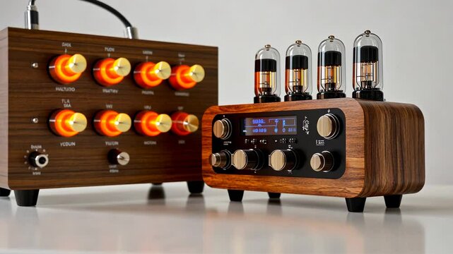 Vintage audio equipment featuring a stylish amplifier with glowing tubes and controls