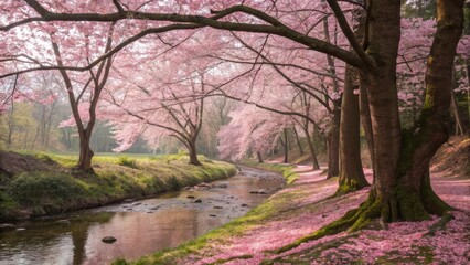 Cherry Blossom Stream Flowing Through Sun-Drenched Forest in Spring