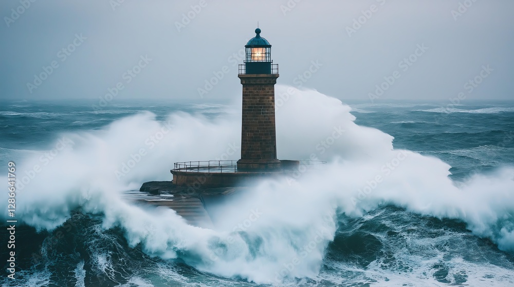 Poster a dramatic lighthouse standing against crashing ocean waves.