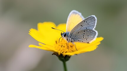 Fototapeta premium Blue butterfly rests on a bright yellow wildflower in a sunny meadow during daytime.