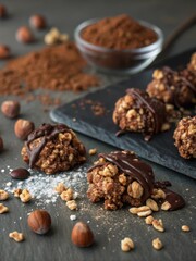 Close-Up of Chocolate-Covered Granola Clusters on Slate Surface
