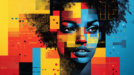 A dynamic poster featuring bright squares in various hues, each holding inspiring words or creative illustrations 