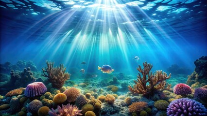 Fototapeta premium A serene underwater scene with soft blue light filtering through coral and seaweed, illuminated by a gentle glow emanating from jellyfish in the distance, underwater scene, coral