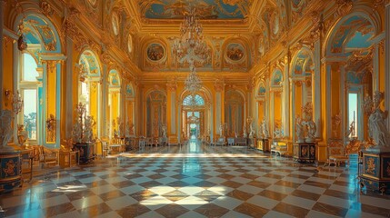Obraz premium Sunlit Palace Ballroom, Checkered Floor, Ornate Decor
