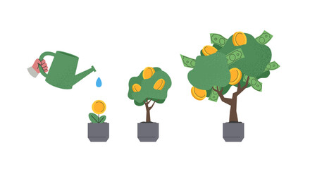 Money tree growth. Watering money tree. Financial growth concept. Vector flat illustration of investment, passive income, saving money and financial management.