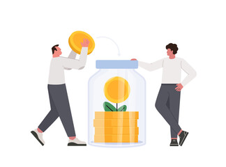 People characters collect and putting coins in glass jar. Family couple saving money. Deposit growth and money savings concept. Vector illustration isolated on white background.