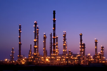 Obraz premium Industrial Complex at Dusk: A sprawling industrial complex is illuminated against the dusky twilight sky, creating a striking display of infrastructure and energy