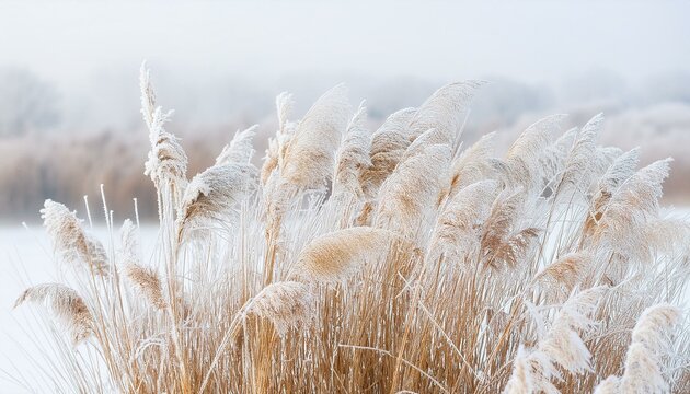 closeup of frost covered pampas grass on light white background icy textures and natural elegance of frozen plants as serene and tranquil winter atmosphere snow covering of dry reeds on frozen pond