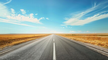 Fototapeta premium A Quiet Road Stretching Towards the Horizon Under a Blue Sky