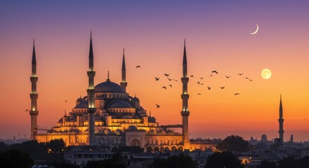Obraz premium A beautiful sunset over a grand mosque, with birds flying and a golden crescent moon rising in the background