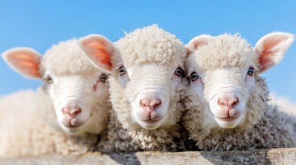 Obraz premium Three lambs huddle, farm background, springtime