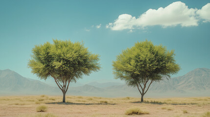 Obraz premium Two green trees grow in a sandy desert landscape under blue sky