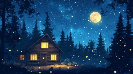 Naklejka premium Cartoon summer night landscape with wooden house in forest near mountains under starry sky with clouds and full moon. Cozy cabin made of wood with light in windows surrounded by trees and fireflies.