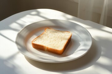 Sunlit breakfast moment captured with a single slice of bread on a simple plate