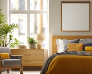 Fototapeta premium Cozy and Modern Bedroom Decor with Natural Light and Fresh Greenery in a Contemporary Home Setting