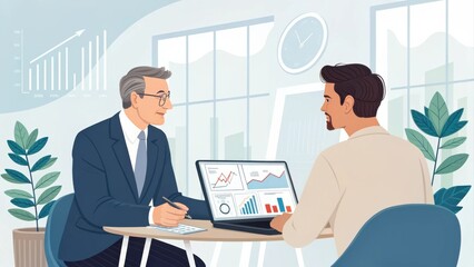 A professional business consultant discusses artificial intelligence strategies with a client in a modern office. AI innovation, automation, and digital transformation concept.