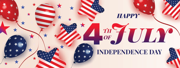 Obraz premium 4th Of July USA Web Banner. Fourth July Background. Fourth July Independence Day Celebration With American Balloons and Star Flag. United States 4th Of July Promotion Advertising Template