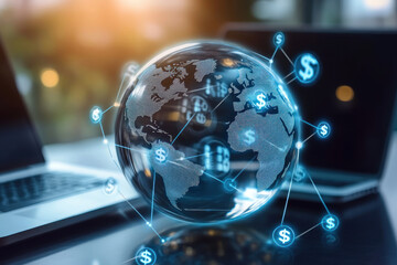 digital globe with dollar signs connected by lines symbolizes global finance and technology. image features laptops in background, highlighting integration of digital currency in modern business