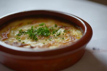 Creamy potato gratin with garlic garnished with herbs, showcasing local farm products. Concept emphasizes local farm products and delicious homemade dishes with fresh ingredients.
