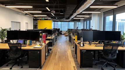 Modern Office Workspace with Desks, Computers, and Bright Yellow Wall in Urban Setting