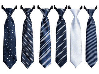 Collection of stylish neckties displayed on a hanger, showcasing various patterns and shades of blue.