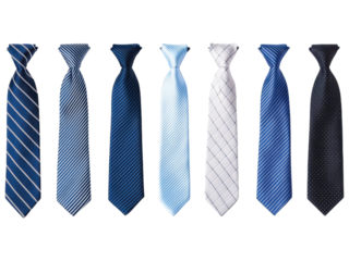 Collection of various blue ties arranged neatly on a white background, showcasing different patterns and textures.