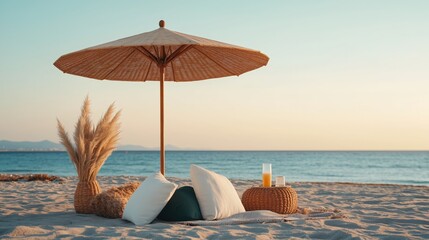 Obraz premium Relaxing Beachside Retreat with Umbrella Ocean View Photography Serene Environment Sunset Vibes