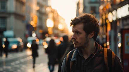 Thoughtful man navigating a bustling city street at sunset