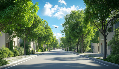 Tranquil Urban Road - Modern Apartment Buildings & Green Trees in Sunlight


