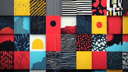 A stylish poster with a grid of vibrant squares, each containing abstract designs, bold typography, or artistic patterns