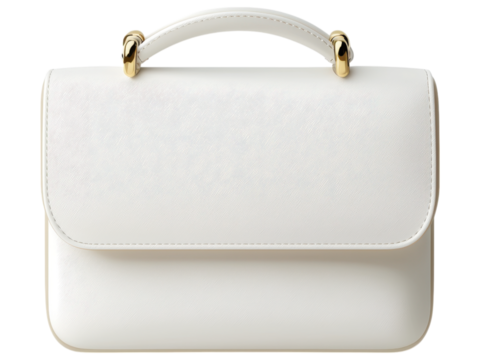 Elegant white handbag with gold accents on white isolated background.