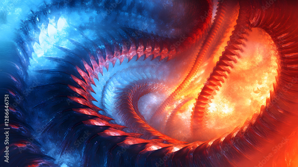Poster fire and ice swirls create dynamic patterns in blue and red abstract background