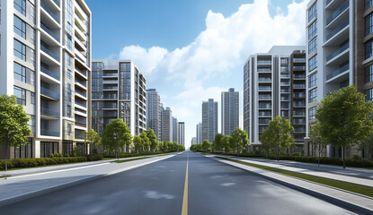 Tranquil Urban Road - Modern Apartment Buildings & Green Trees in Sunlight

