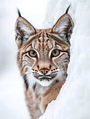Fototapeta premium Sneaking lynx isolated on a white background, animal.