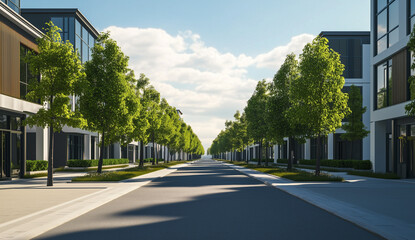 Naklejka premium Tranquil Urban Road - Modern Apartment Buildings & Green Trees in Sunlight