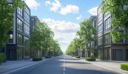 Obraz premium Tranquil Urban Road - Modern Apartment Buildings & Green Trees in Sunlight