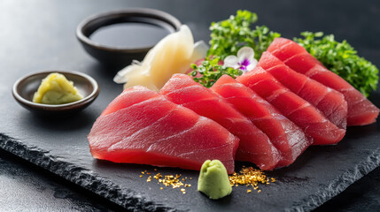 Slices of fresh bluefin tuna sashimi are elegantly arranged on slate platter, accompanied by wasabi, soy sauce, and garnishes, creating luxurious and appetizing presentation