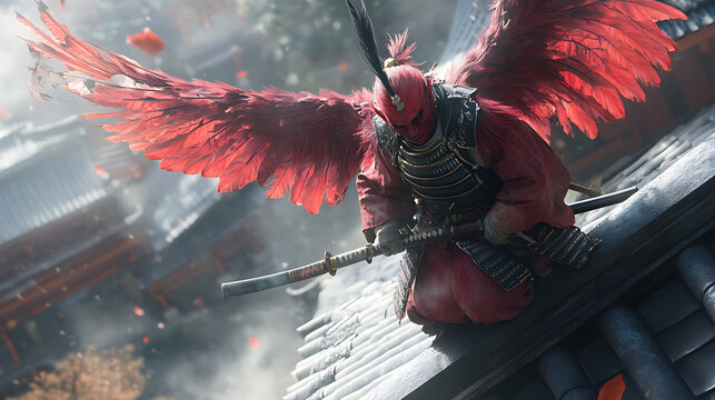 A realistic animation of a Japanese Tengu, a warrior spirit with red skin and sharp wings, perched on a sacred shrine rooftop while gripping a mystical katana 