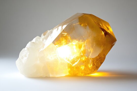 A luminous citrine quartz cluster illuminates, showcasing its crystalline structure and warm, golden hues.