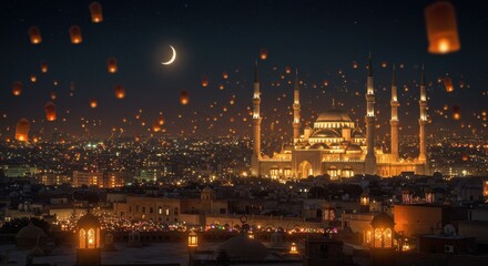 A festive Ramadan night, with a glowing city full of lanterns, a magnificent mosque, and a bright crescent moon in the sky