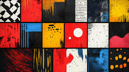 A stylish poster with a grid of vibrant squares, each containing abstract designs, bold typography, or artistic patterns
