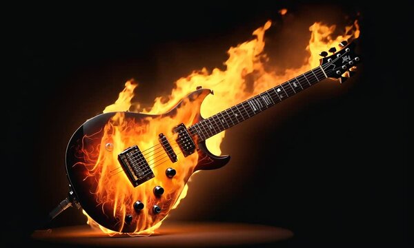 A burning electric guitar engulfed in flames, symbolizing passion, energy, and rock music. Concept of music and rebellion