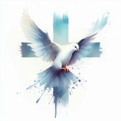 Symbolic representation of faith, hope, and peace, Dove and Cross with Holy Spirit concept in minimalist watercolor art form