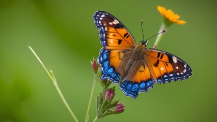 Fototapeta premium A vibrant butterfly perched on a flower, showcasing orange, blue, and black patterns against a green background.