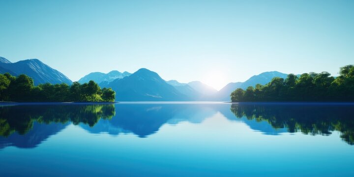 An Alpine lake on a clear day is a reflection of mountains in the water, a perfectly blue surface, clear details of trees on the shore, bright sunlight. 