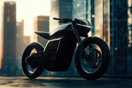 An electric bike with a minimalistic design against the backdrop of an urban landscape a matte black body, a built-in battery, an elegant shape, sunlight on metal parts. - Powered by Adobe