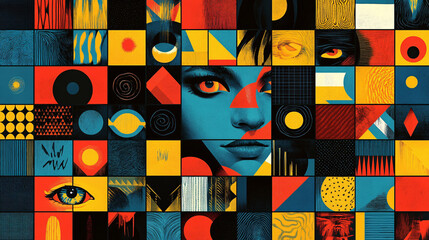 A trendy poster design with overlapping square shapes, each containing a different vibrant gradient or abstract symbol